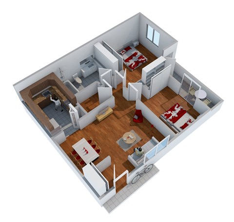 2 bedroom 1 bathroom floor plan image at Nine90 Apartments in Tucson AZ